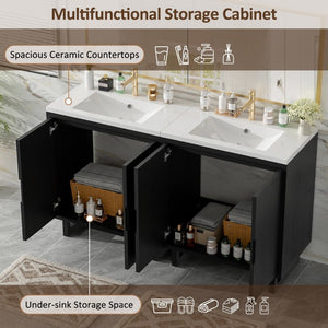 English Elm 60.2 Inch Double Sink Vanity Set Solid Wood Legs Soft Close Doors Matte Black N729P000011B