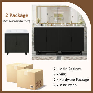 English Elm 60.2 Inch Double Sink Vanity Set Solid Wood Legs Soft Close Doors Matte Black N729P000011B