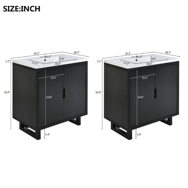 English Elm 60.2 Inch Double Sink Vanity Set Solid Wood Legs Soft Close Doors Matte Black N729P000011B