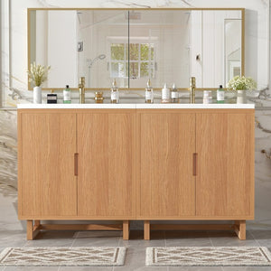 English Elm 48 Inch Wall Mounted Double Bathroom Vanity Set with Ceramic Sinks and Gold Hardware Burly Wood 60.2 inches Solid Wood+MDF N729P000011N