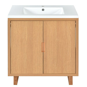 English Elm 48 Inch Wall Mounted Double Bathroom Vanity Set with Ceramic Sinks and Gold Hardware Burly Wood 60.2 inches Solid Wood+MDF N729P000011N