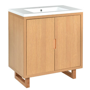English Elm 48 Inch Wall Mounted Double Bathroom Vanity Set with Ceramic Sinks and Gold Hardware Burly Wood 60.2 inches Solid Wood+MDF N729P000011N