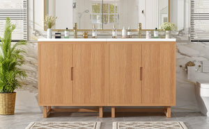 English Elm 48 Inch Wall Mounted Double Bathroom Vanity Set with Ceramic Sinks and Gold Hardware Burly Wood 60.2 inches Solid Wood+MDF N729P000011N