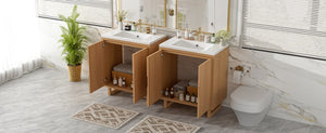 English Elm 48 Inch Wall Mounted Double Bathroom Vanity Set with Ceramic Sinks and Gold Hardware Burly Wood 60.2 inches Solid Wood+MDF N729P000011N