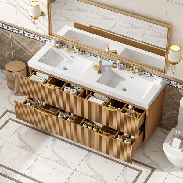 English Elm [video]59.3 Inch Floating Double Sink Vanity Fluted Mdf Cabinet Soft Close Drawers Modern Bath N729P000014O