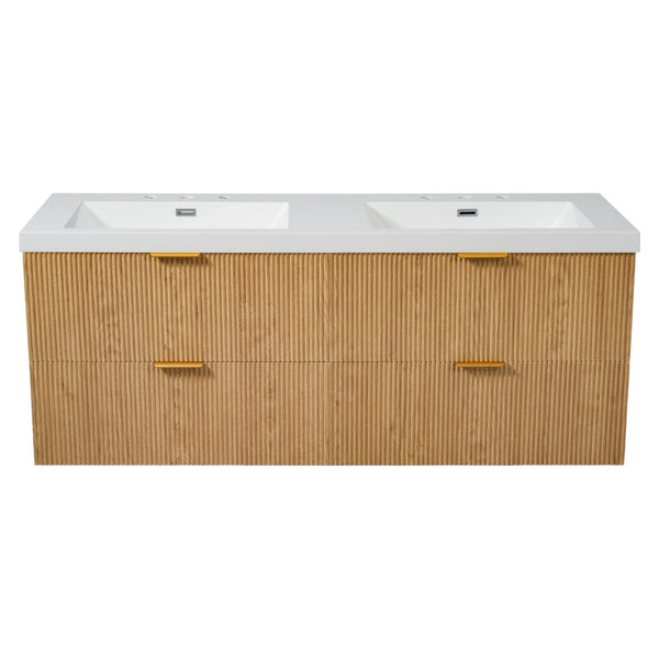 English Elm [video]59.3 Inch Floating Double Sink Vanity Fluted Mdf Cabinet Soft Close Drawers Modern Bath N729P000014O