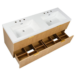 English Elm [video]59.3 Inch Floating Double Sink Vanity Fluted Mdf Cabinet Soft Close Drawers Modern Bath N729P000014O