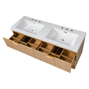 English Elm [video]59.3 Inch Floating Double Sink Vanity Fluted Mdf Cabinet Soft Close Drawers Modern Bath N729P000014O