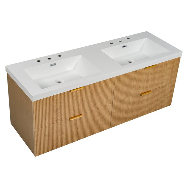 English Elm [video]59.3 Inch Floating Double Sink Vanity Fluted Mdf Cabinet Soft Close Drawers Modern Bath N729P000014O