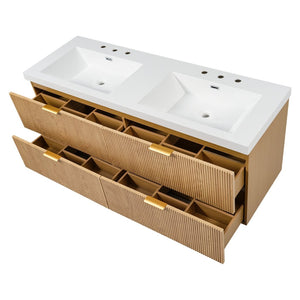 English Elm [video]59.3 Inch Floating Double Sink Vanity Fluted Mdf Cabinet Soft Close Drawers Modern Bath N729P000014O