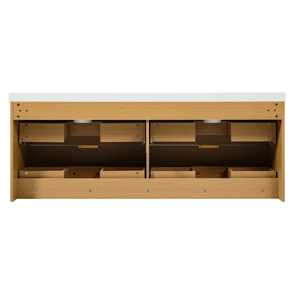 English Elm [video]59.3 Inch Floating Double Sink Vanity Fluted Mdf Cabinet Soft Close Drawers Modern Bath N729P000014O