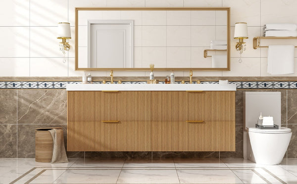English Elm [video]59.3 Inch Floating Double Sink Vanity Fluted Mdf Cabinet Soft Close Drawers Modern Bath N729P000014O