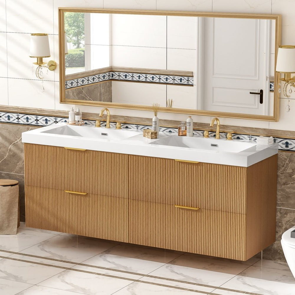 English Elm [video]59.3 Inch Floating Double Sink Vanity Fluted Mdf Cabinet Soft Close Drawers Modern Bath N729P000014O