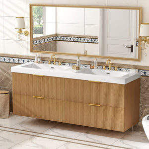 English Elm [video]59.3 Inch Floating Double Sink Vanity Fluted Mdf Cabinet Soft Close Drawers Modern Bath N729P000014O