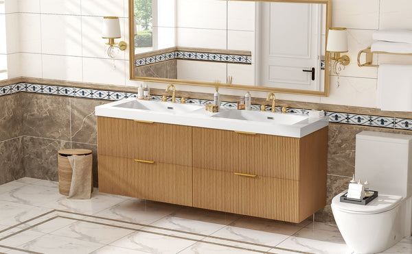 English Elm [video]59.3 Inch Floating Double Sink Vanity Fluted Mdf Cabinet Soft Close Drawers Modern Bath N729P000014O