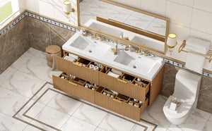 English Elm [video]59.3 Inch Floating Double Sink Vanity Fluted Mdf Cabinet Soft Close Drawers Modern Bath N729P000014O