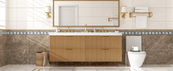 English Elm [video]59.3 Inch Floating Double Sink Vanity Fluted Mdf Cabinet Soft Close Drawers Modern Bath N729P000014O