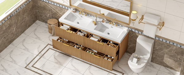 English Elm [video]59.3 Inch Floating Double Sink Vanity Fluted Mdf Cabinet Soft Close Drawers Modern Bath N729P000014O