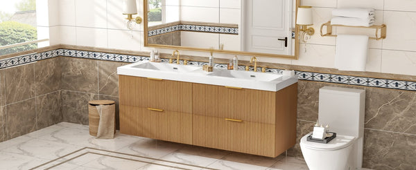 English Elm [video]59.3 Inch Floating Double Sink Vanity Fluted Mdf Cabinet Soft Close Drawers Modern Bath N729P000014O