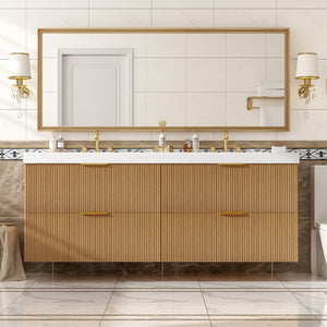 English Elm [video]59.3 Inch Floating Double Sink Vanity Fluted Mdf Cabinet Soft Close Drawers Modern Bath N729P000014O