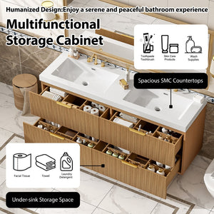 English Elm [video]59.3 Inch Floating Double Sink Vanity Fluted Mdf Cabinet Soft Close Drawers Modern Bath N729P000014O