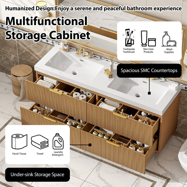 English Elm [video]59.3 Inch Floating Double Sink Vanity Fluted Mdf Cabinet Soft Close Drawers Modern Bath N729P000014O