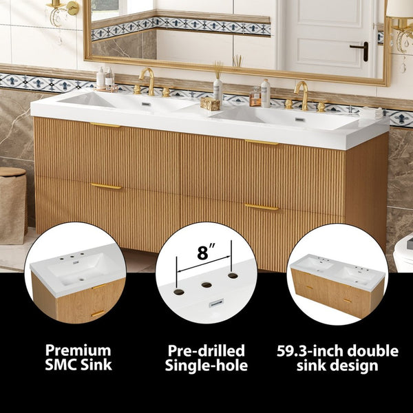 English Elm [video]59.3 Inch Floating Double Sink Vanity Fluted Mdf Cabinet Soft Close Drawers Modern Bath N729P000014O