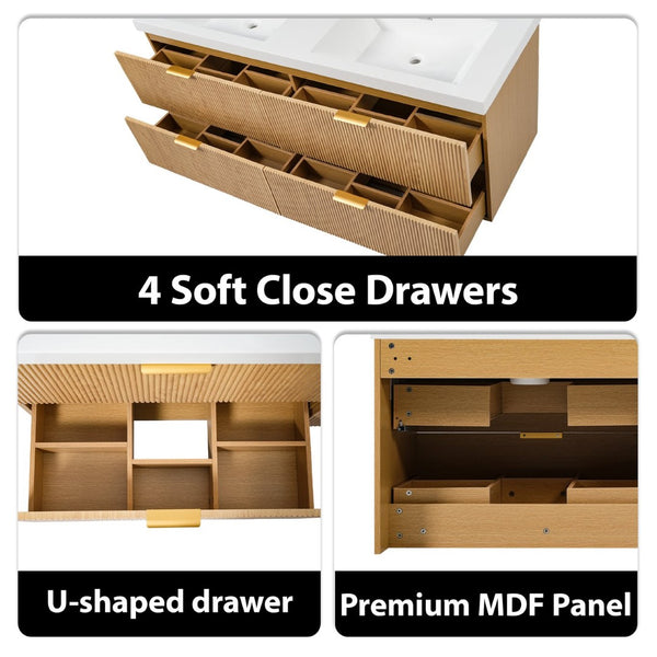 English Elm [video]59.3 Inch Floating Double Sink Vanity Fluted Mdf Cabinet Soft Close Drawers Modern Bath N729P000014O