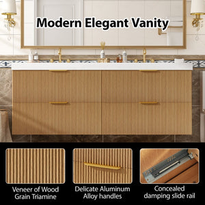 English Elm [video]59.3 Inch Floating Double Sink Vanity Fluted Mdf Cabinet Soft Close Drawers Modern Bath N729P000014O