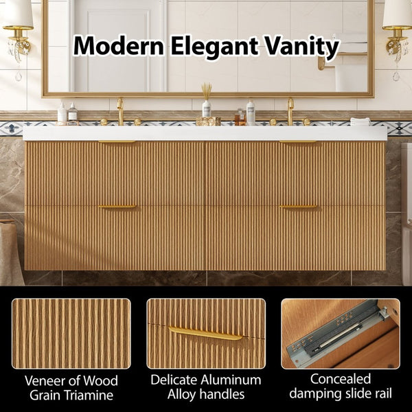 English Elm [video]59.3 Inch Floating Double Sink Vanity Fluted Mdf Cabinet Soft Close Drawers Modern Bath N729P000014O