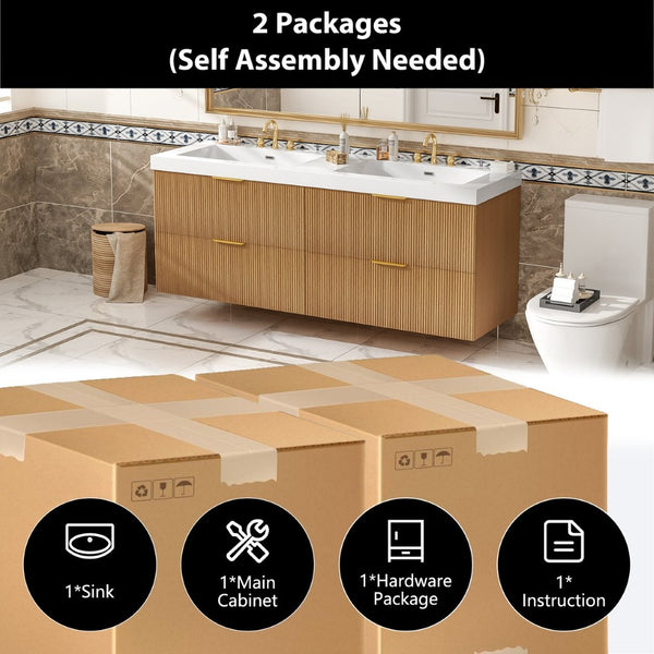 English Elm [video]59.3 Inch Floating Double Sink Vanity Fluted Mdf Cabinet Soft Close Drawers Modern Bath N729P000014O
