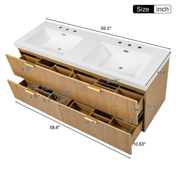 English Elm [video]59.3 Inch Floating Double Sink Vanity Fluted Mdf Cabinet Soft Close Drawers Modern Bath N729P000014O