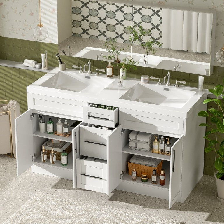 English Elm Video Freestanding 60 Inch Double Sink Vanity with SMC Top Soft Close Drawers and Doors White N729P000015K-1