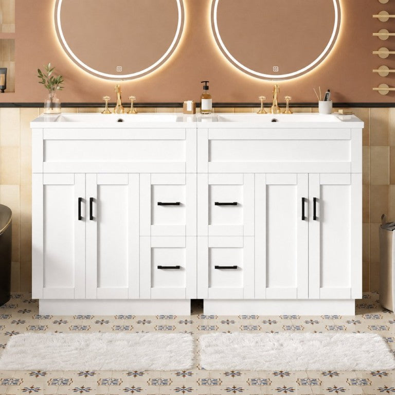 English Elm 60-Inch Double Sink Bathroom Vanity with Soft-Close Drawers and Resin Countertop White A N729P000017H