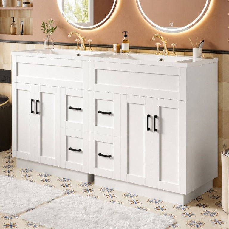 English Elm 60-Inch Double Sink Bathroom Vanity with Soft-Close Drawers and Resin Countertop White A N729P000017H