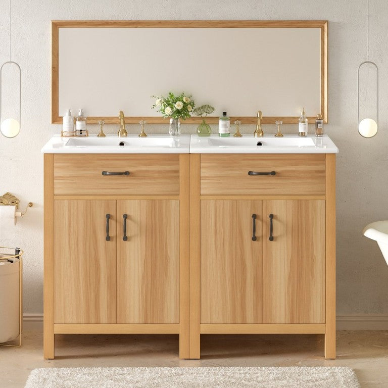 English Elm 48 Inch Freestanding Bathroom Vanity Solid Wood Cabinet with Ceramic Sink Soft Close Doors N729P000019N