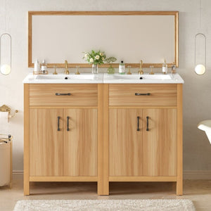 English Elm 48 Inch Freestanding Bathroom Vanity Solid Wood Cabinet with Ceramic Sink Soft Close Doors N729P000019N