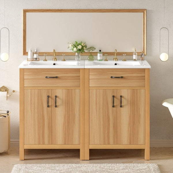 English Elm 48 Inch Freestanding Bathroom Vanity Solid Wood Cabinet with Ceramic Sink Soft Close Doors N729P000019N
