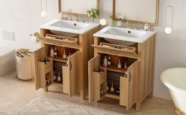 English Elm 48 Inch Freestanding Bathroom Vanity Solid Wood Cabinet with Ceramic Sink Soft Close Doors N729P000019N