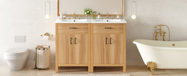 English Elm 48 Inch Freestanding Bathroom Vanity Solid Wood Cabinet with Ceramic Sink Soft Close Doors N729P000019N