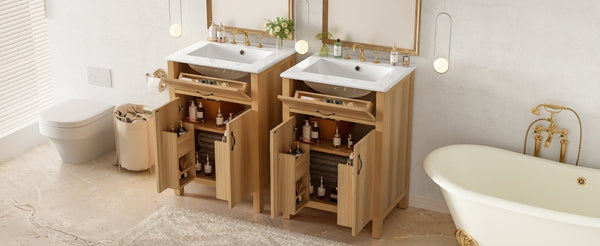 English Elm 48 Inch Freestanding Bathroom Vanity Solid Wood Cabinet with Ceramic Sink Soft Close Doors N729P000019N