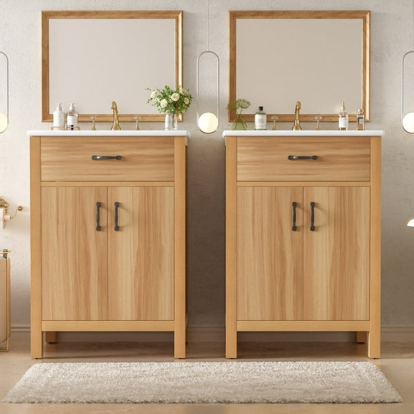 English Elm 48 Inch Freestanding Bathroom Vanity Solid Wood Cabinet with Ceramic Sink Soft Close Doors N729P000019N