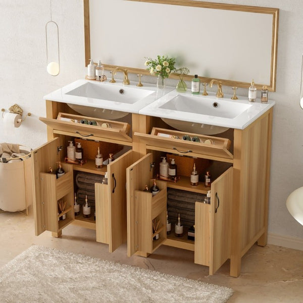 English Elm 48 Inch Freestanding Bathroom Vanity Solid Wood Cabinet with Ceramic Sink Soft Close Doors N729P000019N