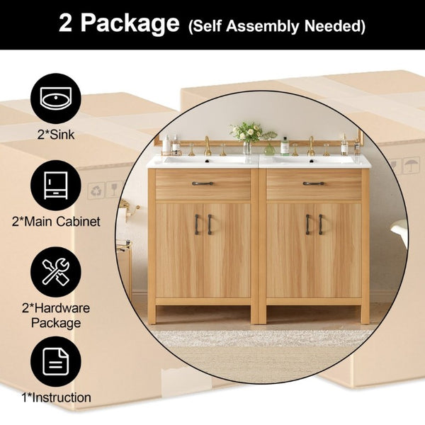 English Elm 48 Inch Freestanding Bathroom Vanity Solid Wood Cabinet with Ceramic Sink Soft Close Doors N729P000019N