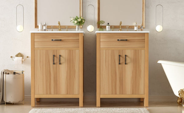 English Elm 48 Inch Freestanding Bathroom Vanity Solid Wood Cabinet with Ceramic Sink Soft Close Doors N729P000019N