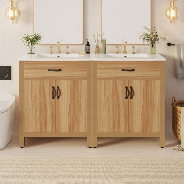 English Elm 60 Inch Freestanding Bathroom Vanity Solid Wood MDF Frame Soft Close Storage Cabinet N729P000020N