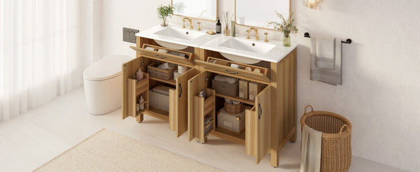 English Elm 60 Inch Freestanding Bathroom Vanity Solid Wood MDF Frame Soft Close Storage Cabinet N729P000020N