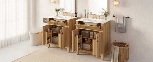 English Elm 60 Inch Freestanding Bathroom Vanity Solid Wood MDF Frame Soft Close Storage Cabinet N729P000020N