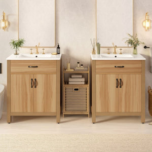 English Elm 60 Inch Freestanding Bathroom Vanity Solid Wood MDF Frame Soft Close Storage Cabinet N729P000020N