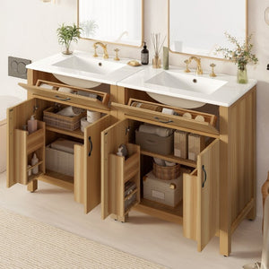 English Elm 60 Inch Freestanding Bathroom Vanity Solid Wood MDF Frame Soft Close Storage Cabinet N729P000020N